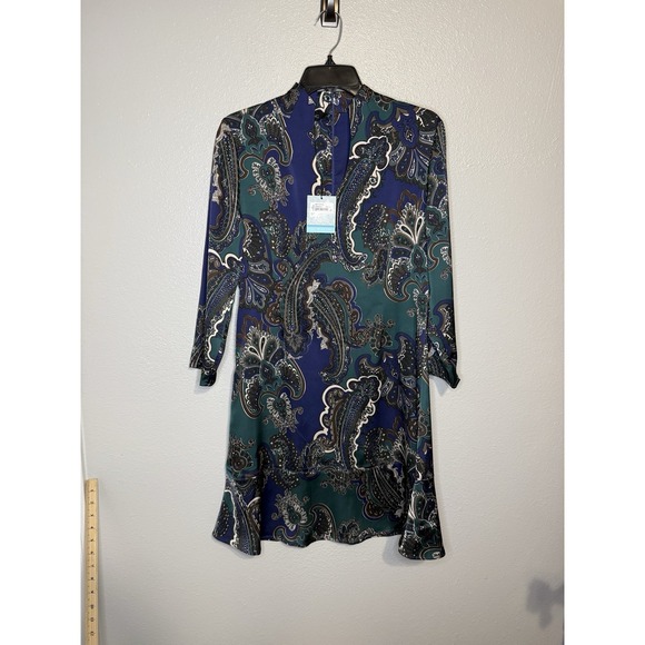 Ming Wang Crepe de Chine Split V-Neck Paisley Print Long Sleeve Midi Dress XS